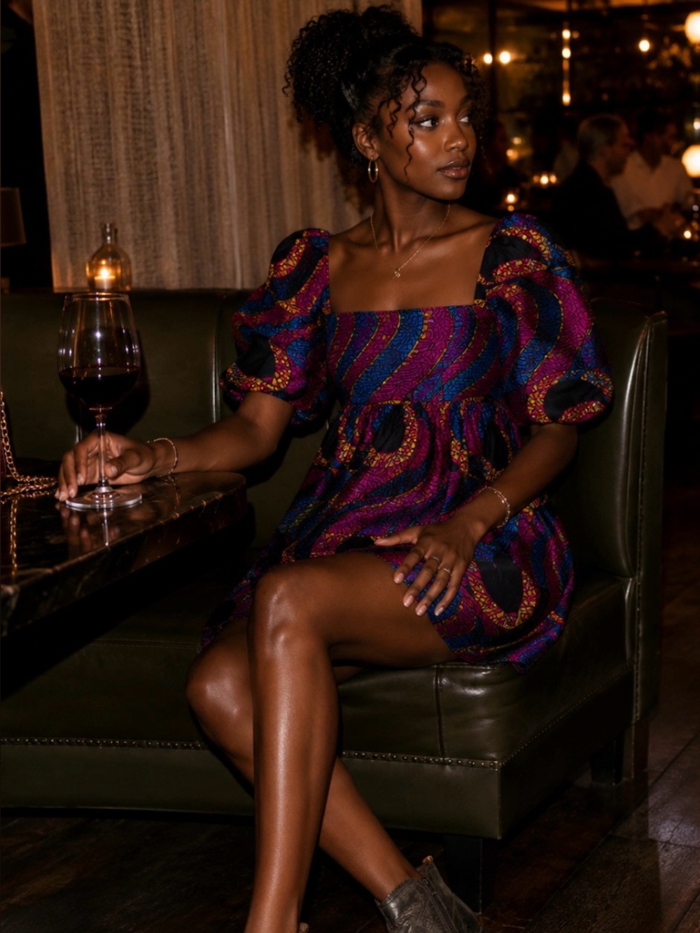 Francis & Benedict Vibrant Pink & Blue Midi Dress with Puff Sleeves